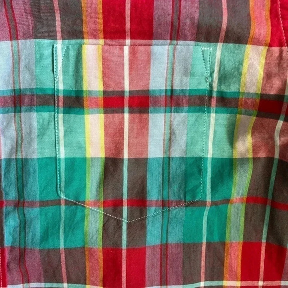 J Crew Colorful Red Teal White Casual Shirt Button Down Short Sleeve Plaid Large - Picture 6 of 6